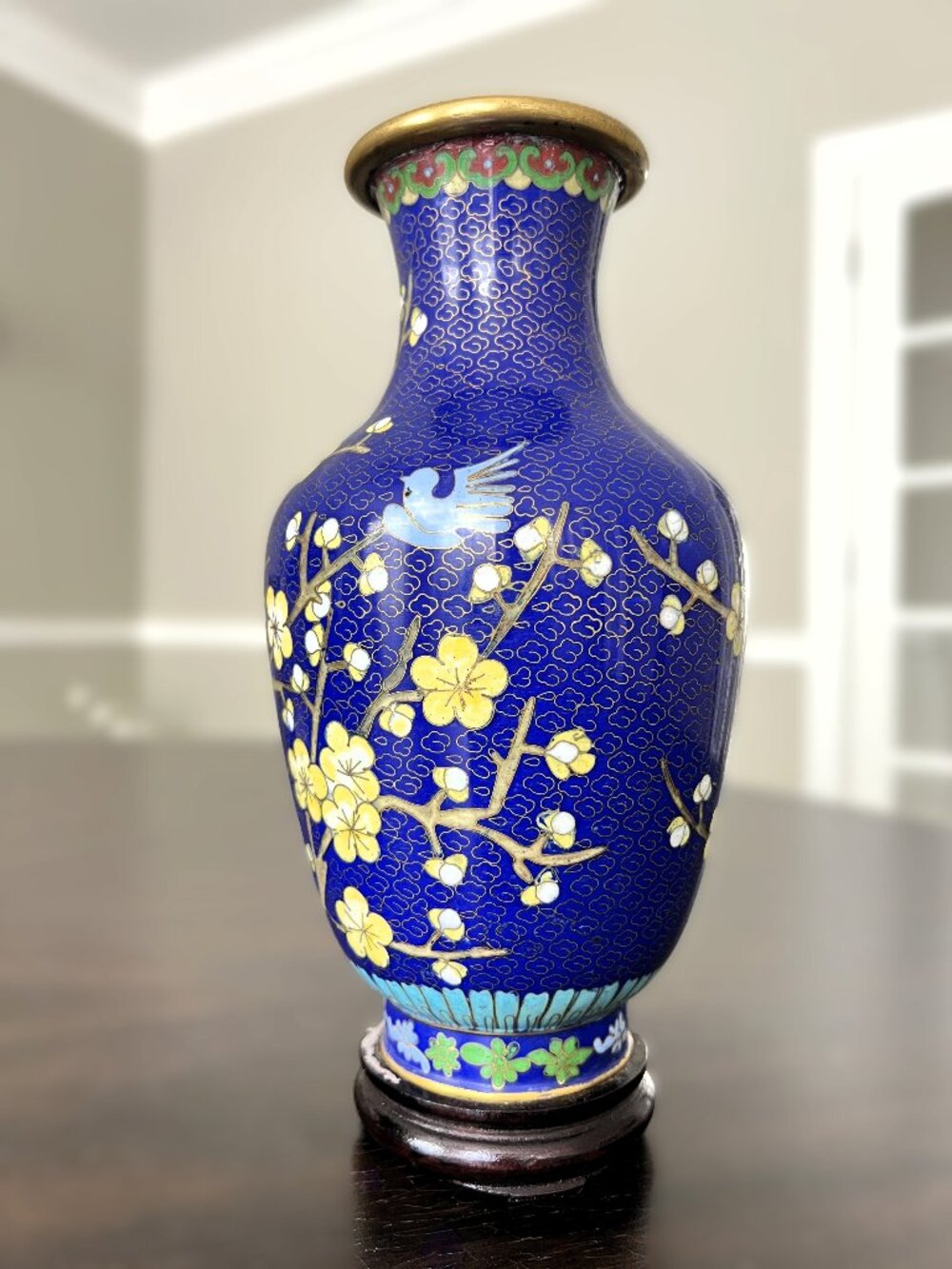 Vintage Mid-Century 9.25" Cobalt Blue Cloisonné Bird & Plum Blossom Vase w/Stand